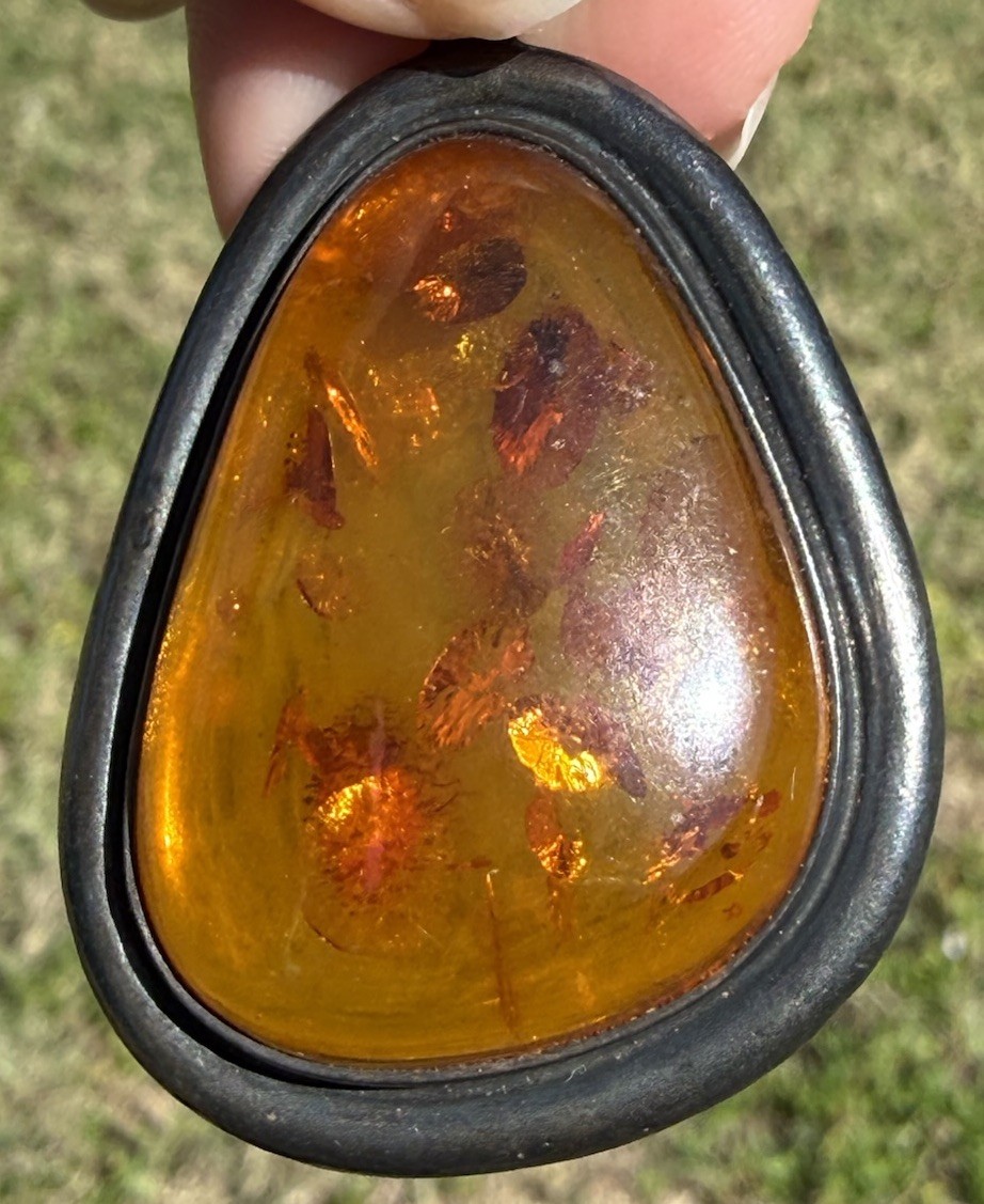 Orange Amber Cabochon Sterling Silver Asymmetrical 2”Pendant 925