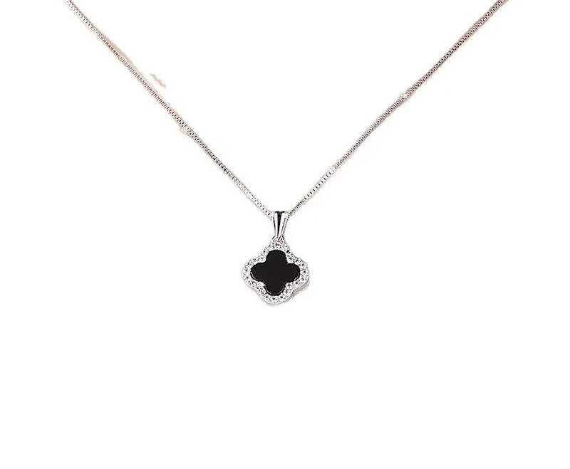 Clover Pendant Necklace Female Solid 925 Silver 0.20Ct Moissanite Black & White
