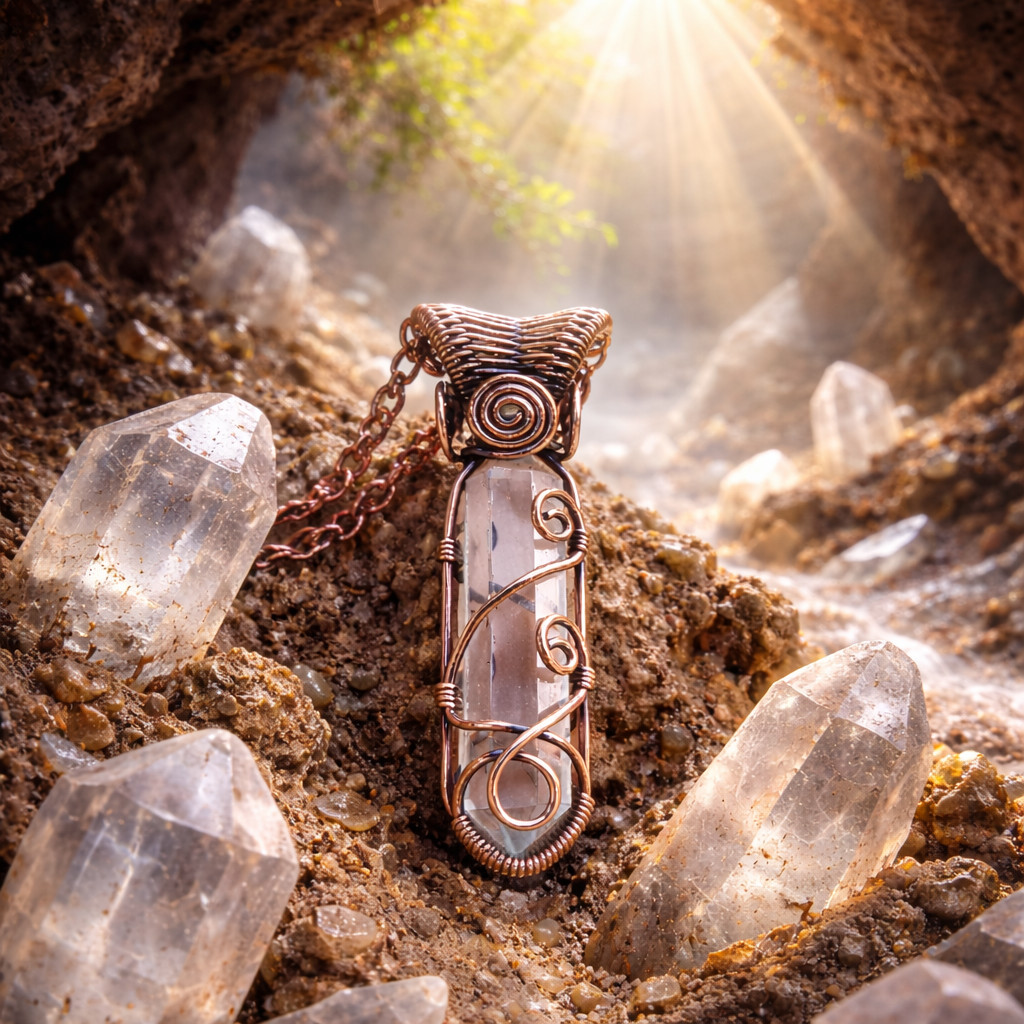 Handmade Clear Quartz Healing Crystal Necklace Copper Wire Wrapped Pendant