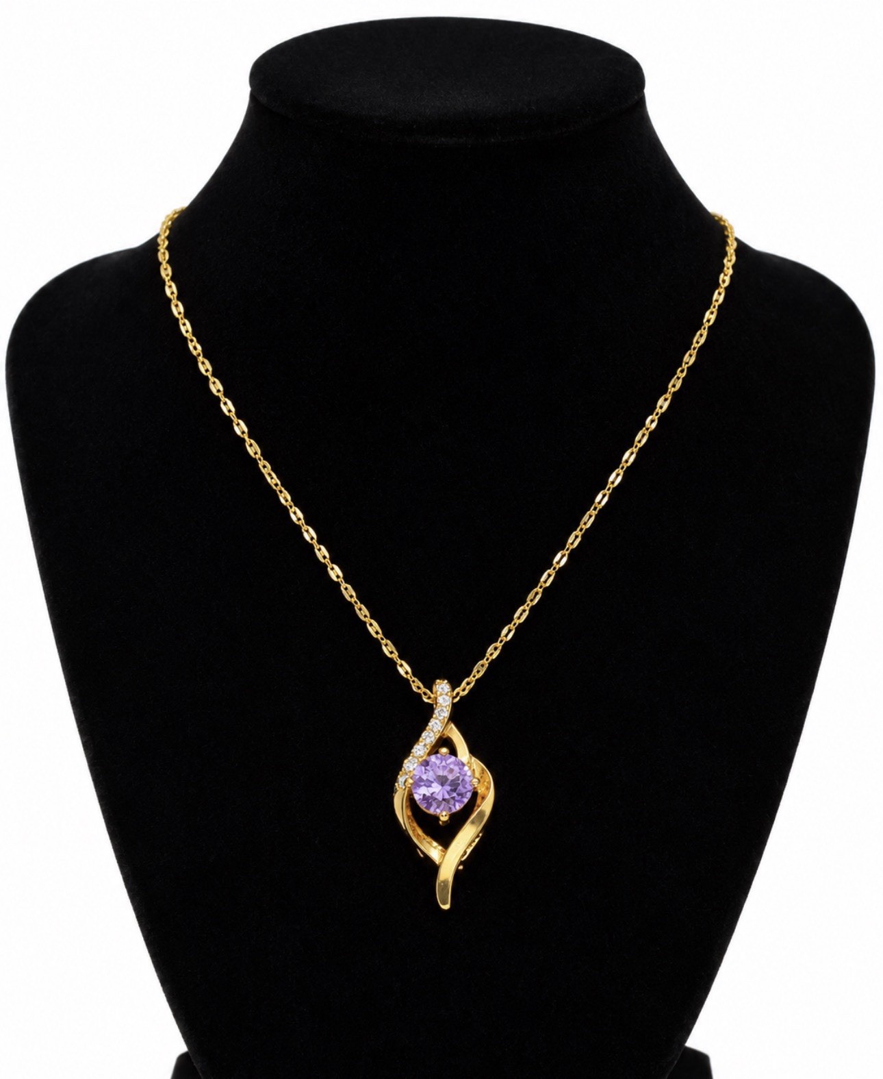 10 Yellow Gold Link Necklace with Purple and Clear Stones