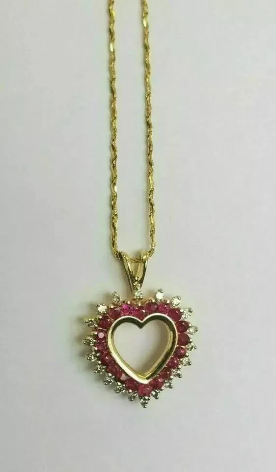 1.00CT Round Cut Red Ruby & Diamond Heart Pendant Chain 14K Yellow Gold Over