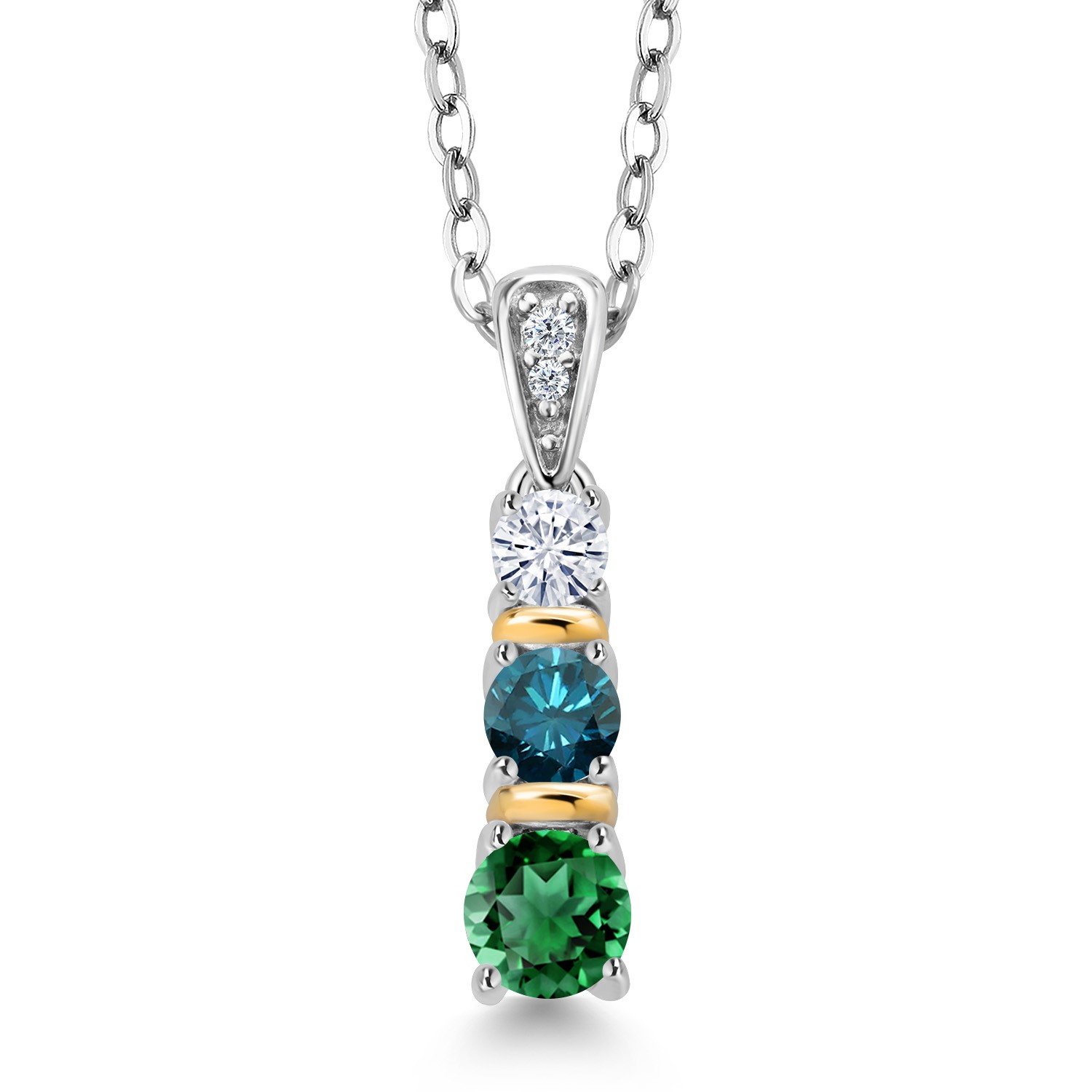 925 Silver and 10K Yellow Gold Nano Emerald Blue Diamond and White Moissanite