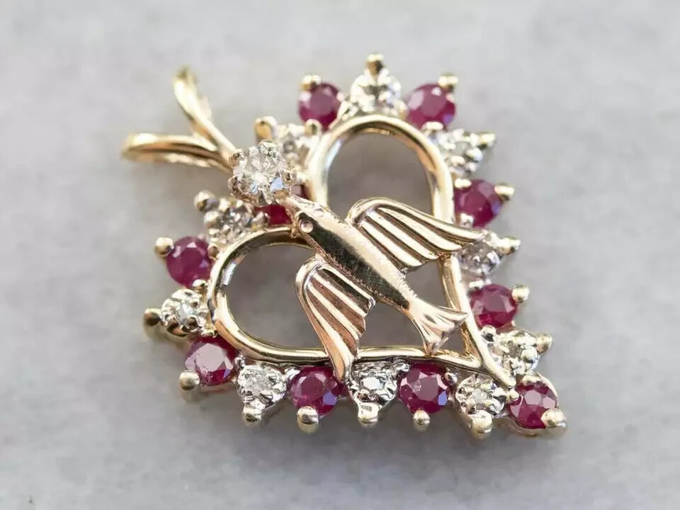 1.00 Ct Round Cut Red Ruby Bird Heart Pendant 14K Yellow Gold Finish Free Chain