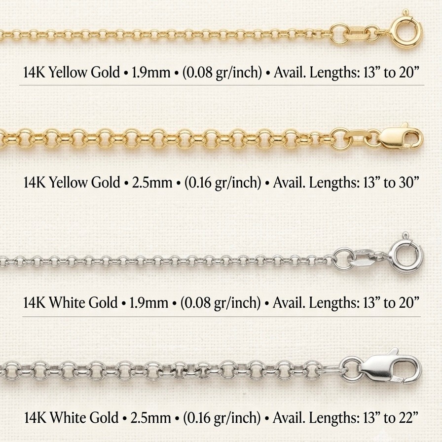 14K Solid Gold Rolo Chain Necklace 1.9mm 2.5mm Yellow White Gold 13″ – 30″ Real