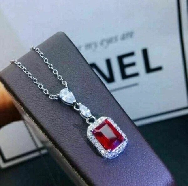 2.3CT Emerald Cut Halo Red Ruby & Diamond Pendant Necklace 14K White Gold Over
