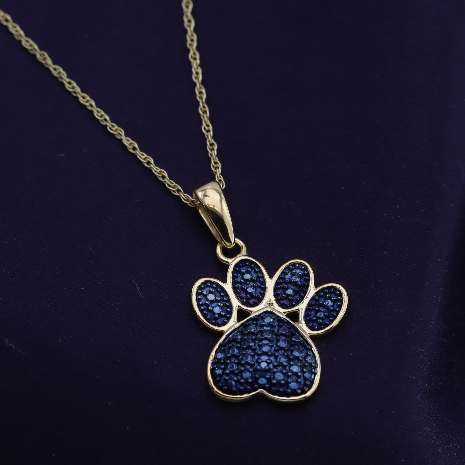 Blue Real Diamond Accent Paw Print Pendent 18″ Necklace 10K Yellow Gold Plated