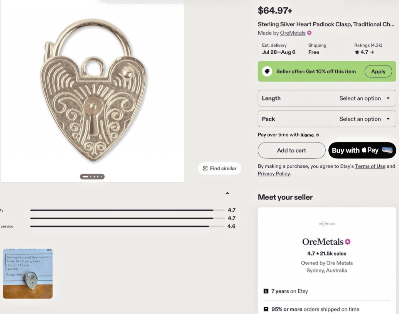Sterling Silver Engraved Heart Padlock Clasp 15mm Ore Metals Australia