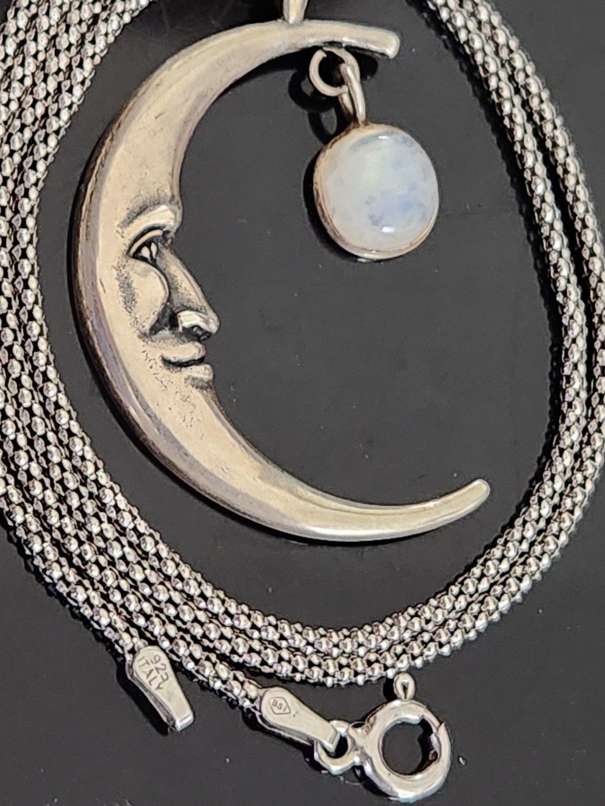 STERLING SILVER CRESCENT MOONSTONE CABOCHON/POPCORN CHAIN NECKLACE MADE ITALY
