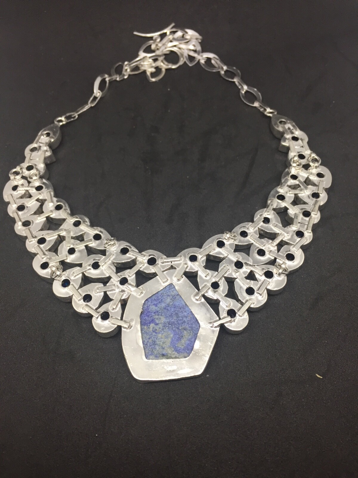 925 Sterling Silver Lapis Lazuli Blue Topaz Bib Statement Necklace Large Teardro