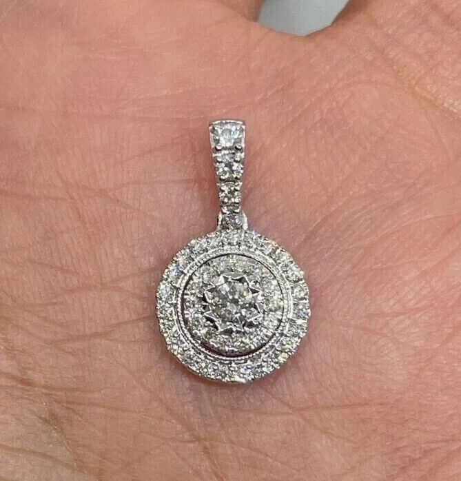 1.6Ct Round Cut Real Moissanite Halo Pendant In 14K White Gold Plated Free Chain