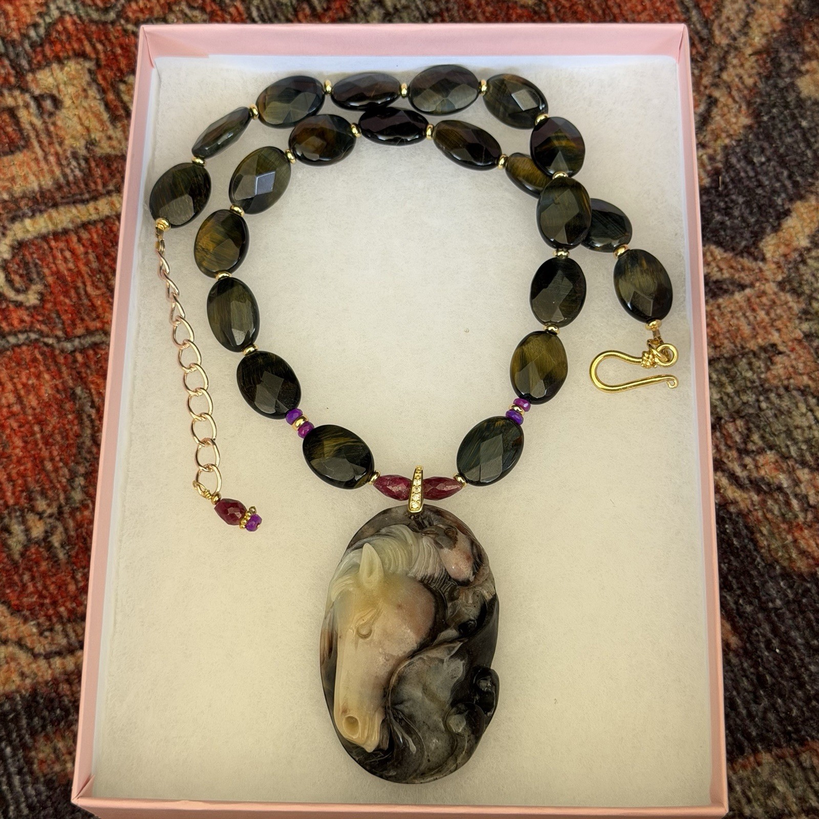 BLUE TIGERS EYE ETHIOPIAN OPAL RUBY HAND CARVED HORSE PENDANT NECKLACE ER SET
