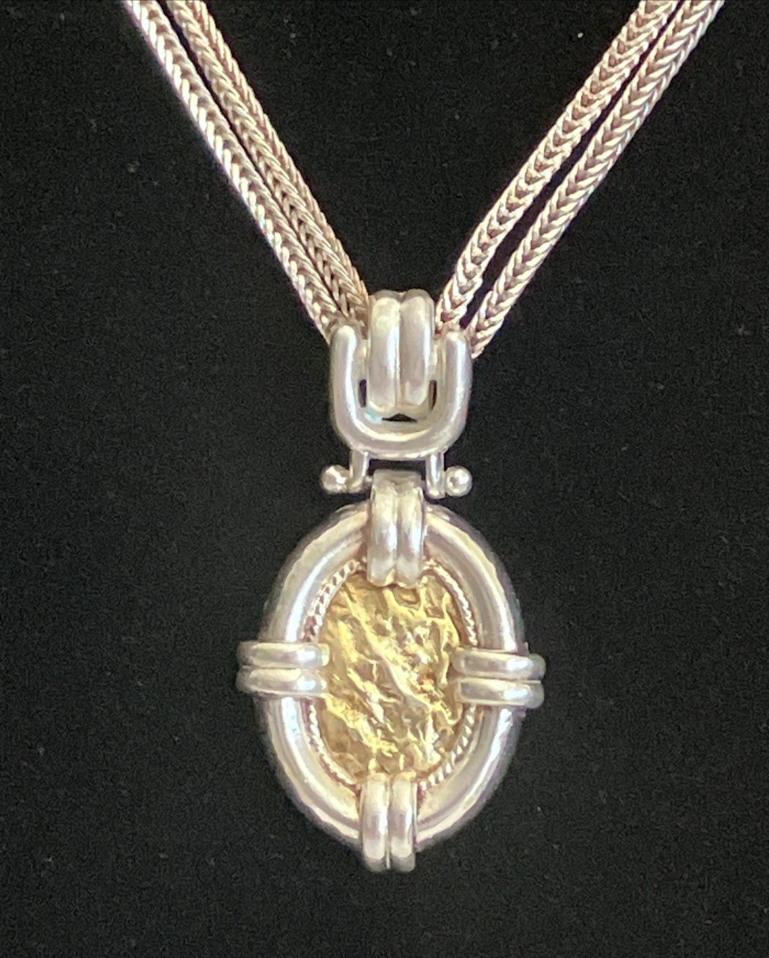 ANATOLI – NUGGET MEDALLION NECKLACE – 15″ – STERLING SILVER (w GOLD ACCENTS)