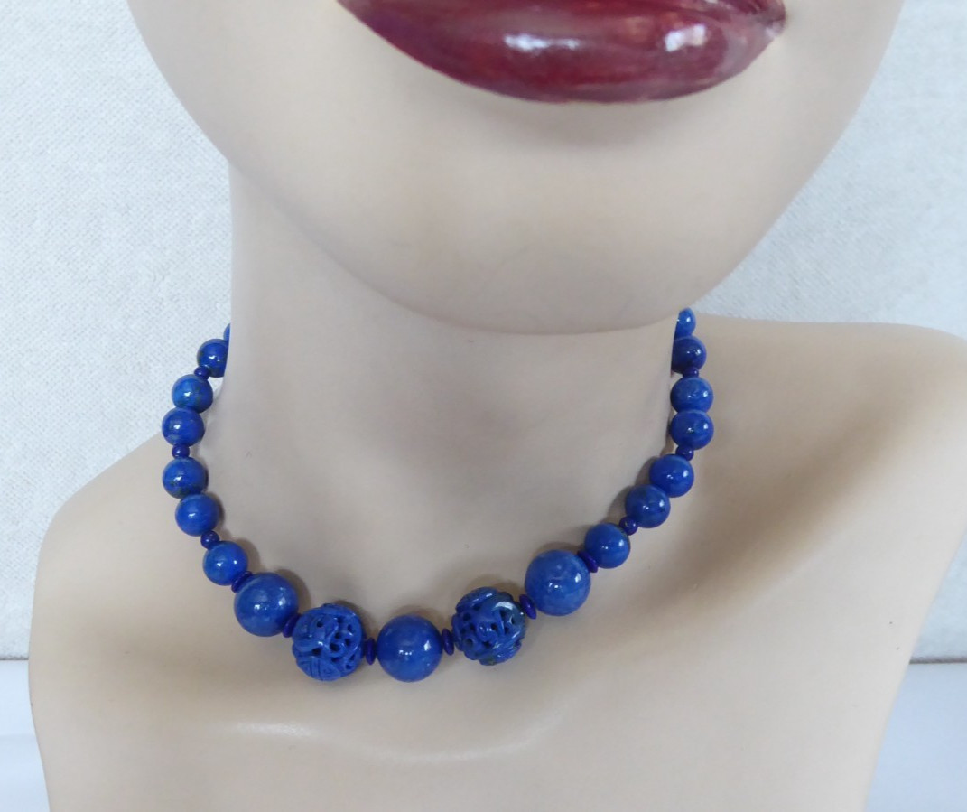 Carved Lapis Lazuli Bead Statement Necklace 15″ long 15mm & 9mm Round beads Asia