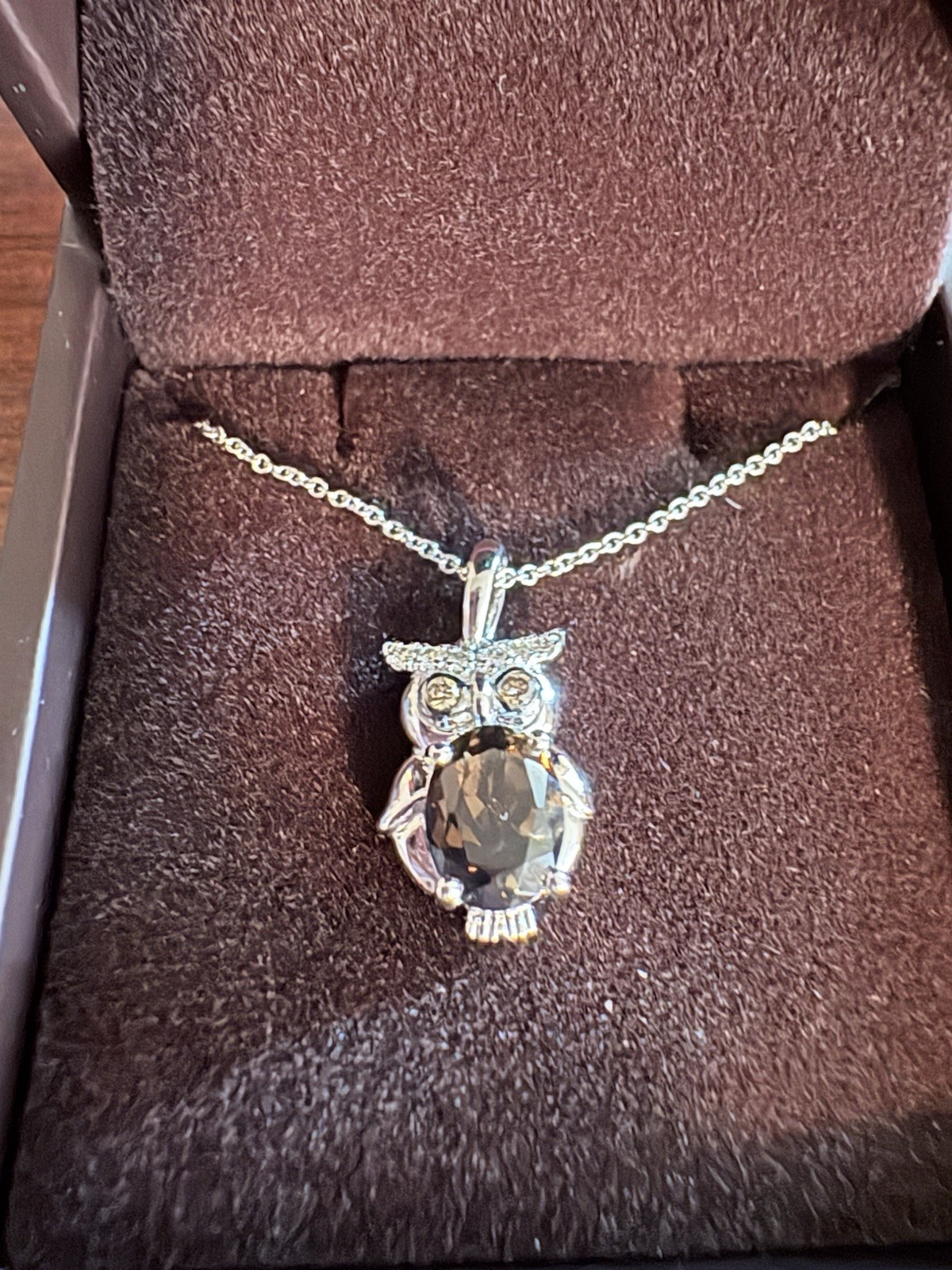 Le Vian 14K White Gold Owl Pendant Necklace Chocolate Quartz & Diamonds 18″
