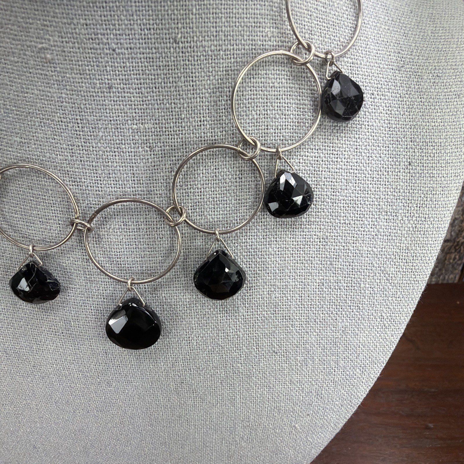 CHAN LUU Layered Necklace Silver Circle Strand Black faceted Crystal Boho 15.5″