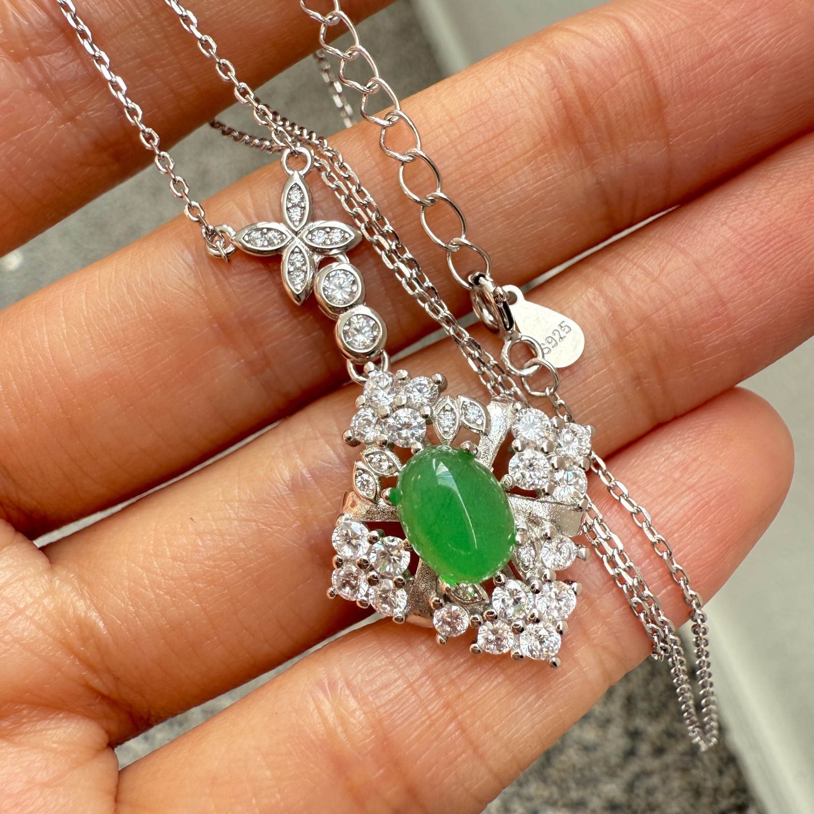 925 Sterling Silver Necklace 8x6mm Natural Emerald Gemstone Zircon Flower Chain