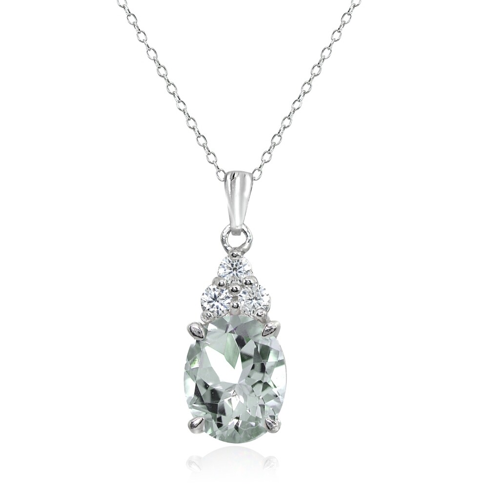 Sterling Silver Very Light Aquamarine and White Topaz Oval Pendant Necklace