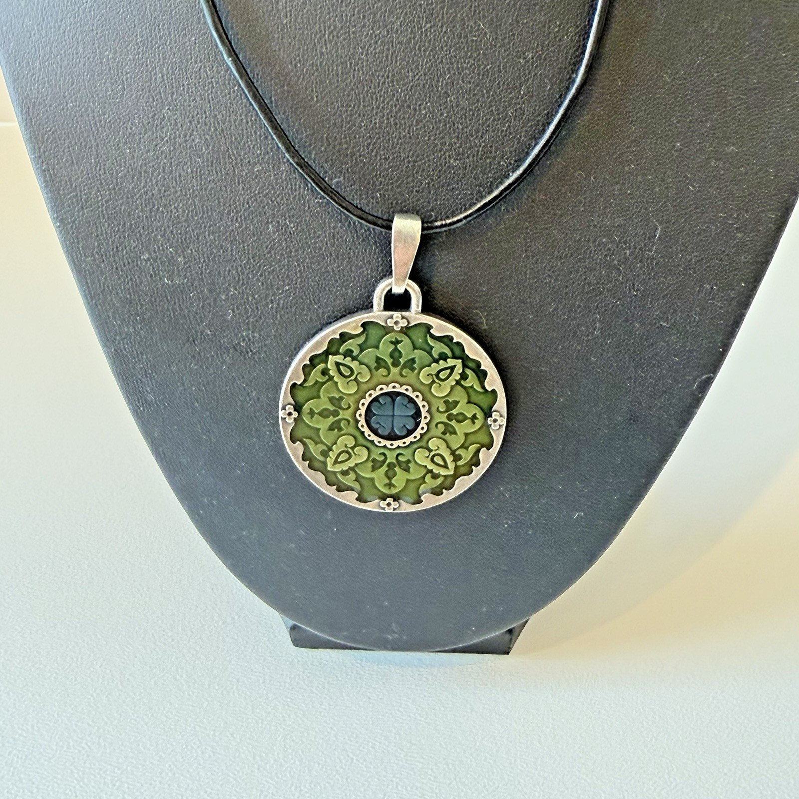 Danforth Pewter Handcrafted Medallion Pendant Green & Blue Mandala 16-17″