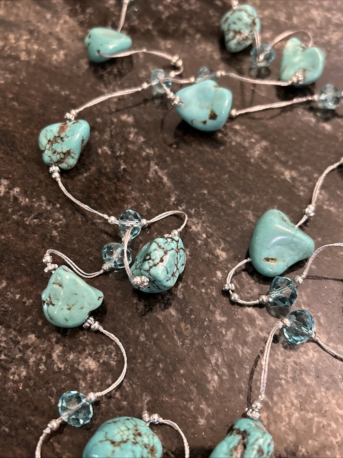 Boutique Turquoise Nuggets w/Crystal Beads Spun Silver Chain Necklace 56” 98.8g
