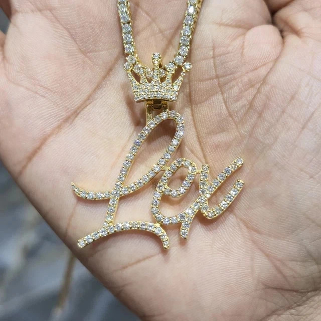 2.00 Ct Real Moissanite Custom Any Name Pendant 14K Yellow Gold Plated Silver