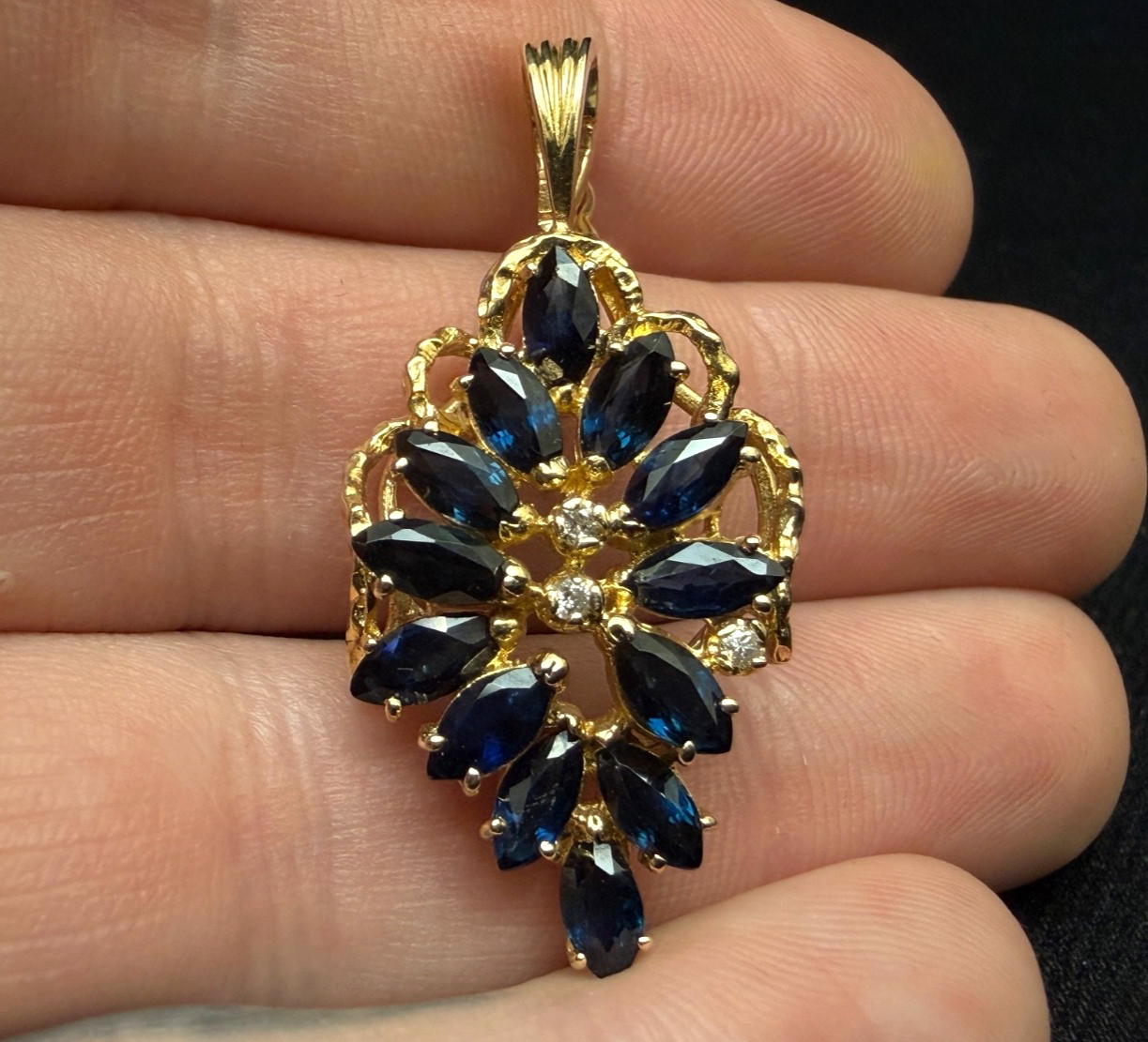 14K 585 Solid Yellow Gold Marquise Blue Sapphire & Diamond Pendant 5.28g