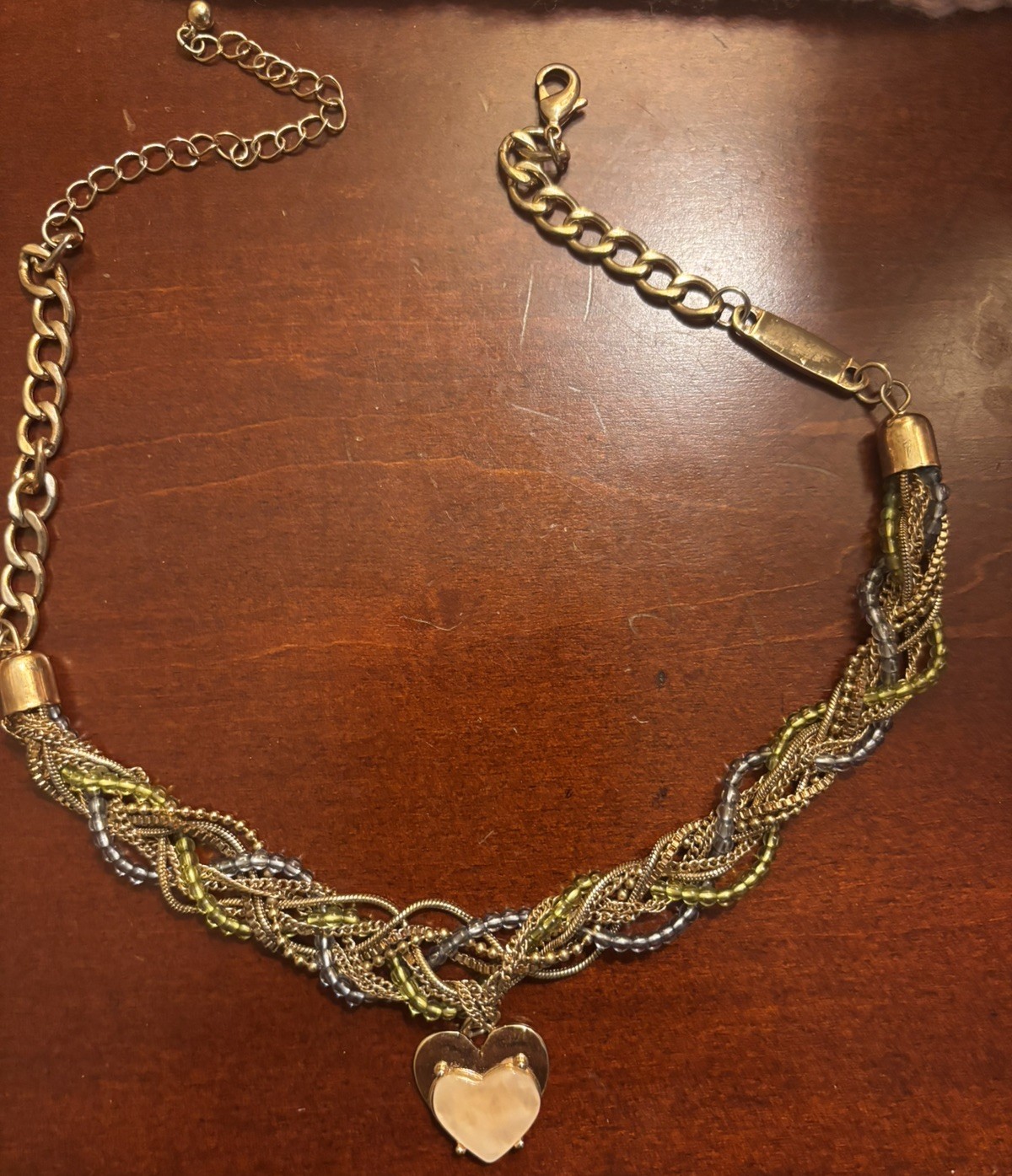 VTG Multicolor Mixed Gold tone braided Chain Necklace Heart Charm Adjust. 16in