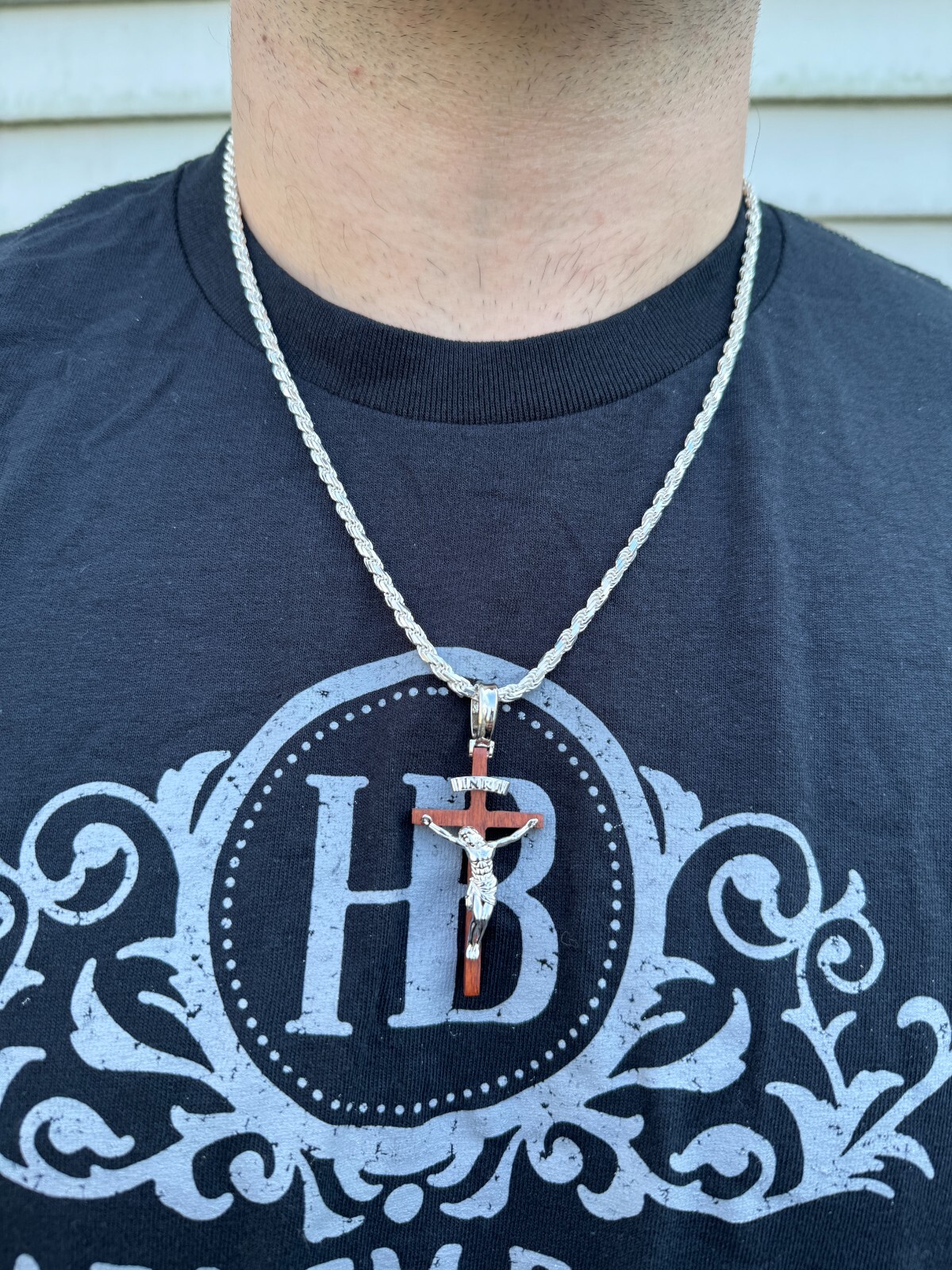 Mens Real 925 Silver & Red Cherry Walnut Wood Jesus On Cross Pendant Necklace 2″