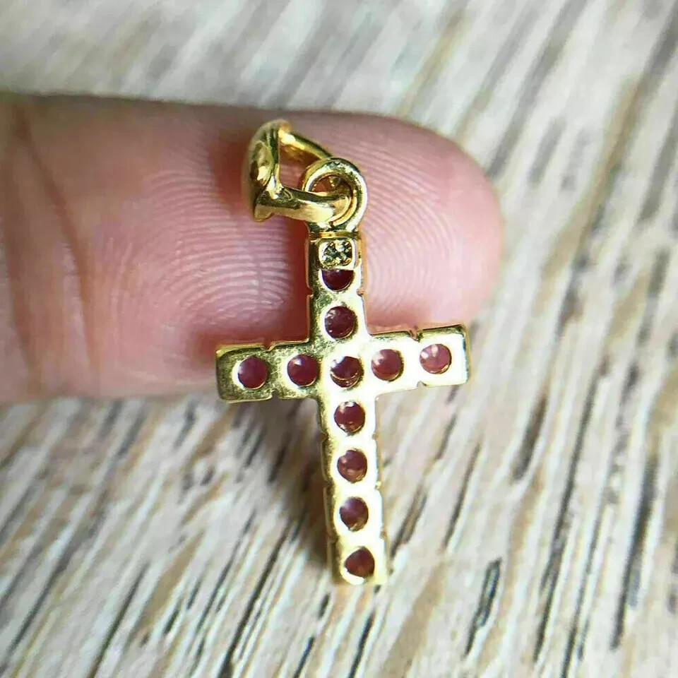 1.00Ct Round Cut Red Ruby Cross Pendant 14K Yellow Gold Finish Free Chain