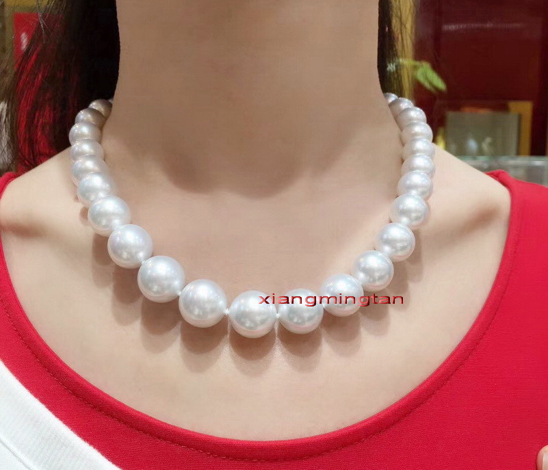 Australia top 18″12-14mm REAL south sea Perfect round WHITE pearl necklace 14k