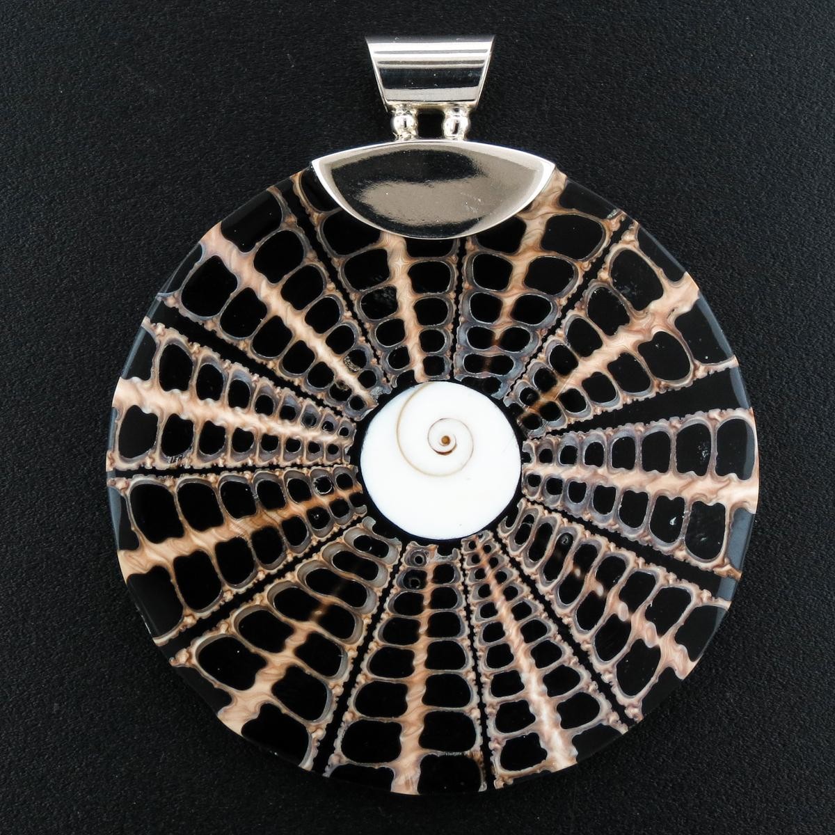 925 Sterling Silver Cone Shell In Black Sterling Pendant, 2 3/8″