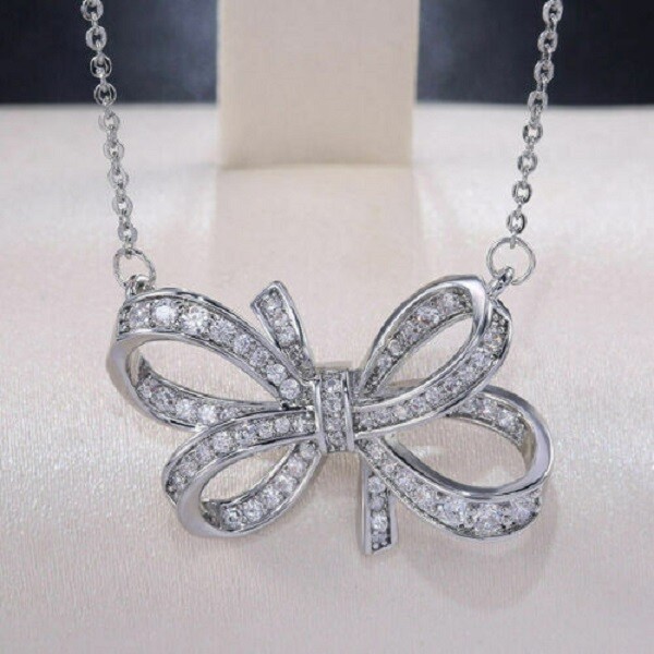 1.00Ct Round Cut Diamond Bow Knot Pendant 14K White Gold Finish 18″ Free Chain
