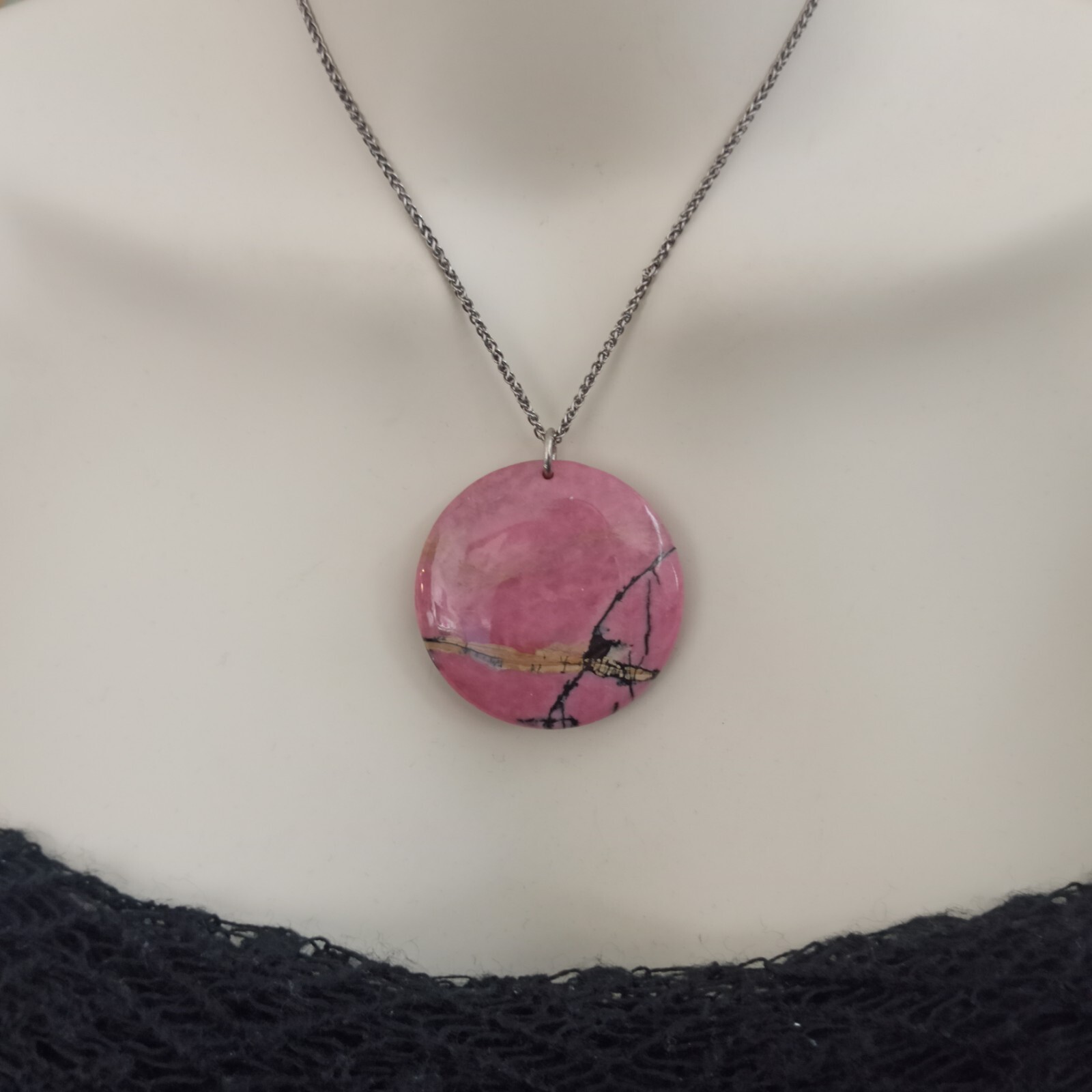 Natural Stone Pendant Sterling Silver Necklace Huge Natures Abstract Art Pink
