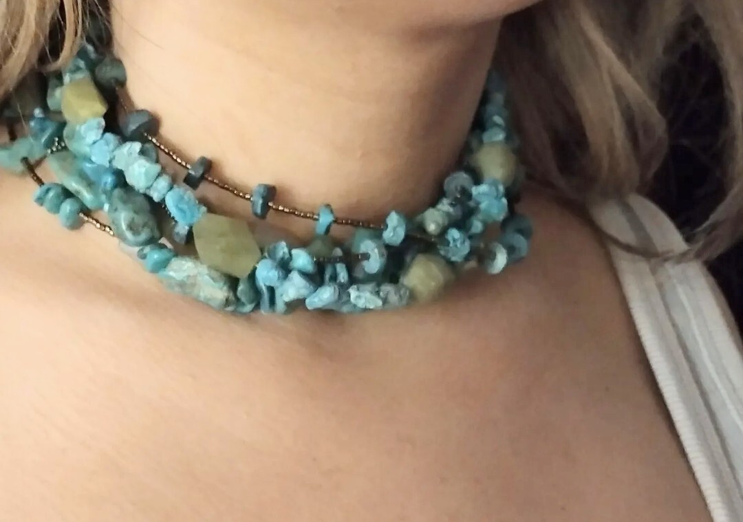 Vintage ? Native American ?Stone Bead Choker 6Row Necklace Turquoise Nuggets 925
