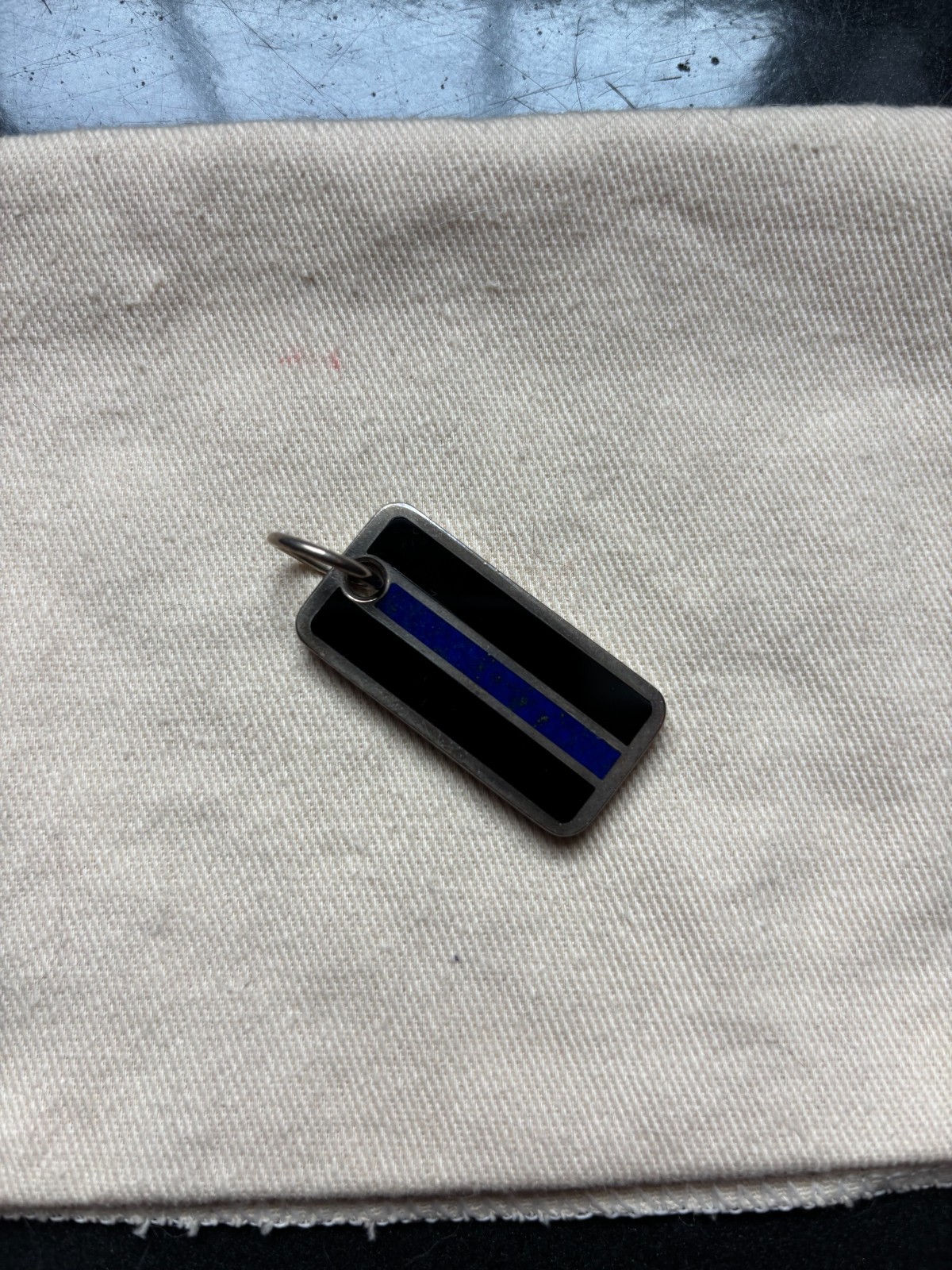 David Yurman Sterling Silver 925 Dog Tag Pendant Black & Blue Inlay Rare Retired