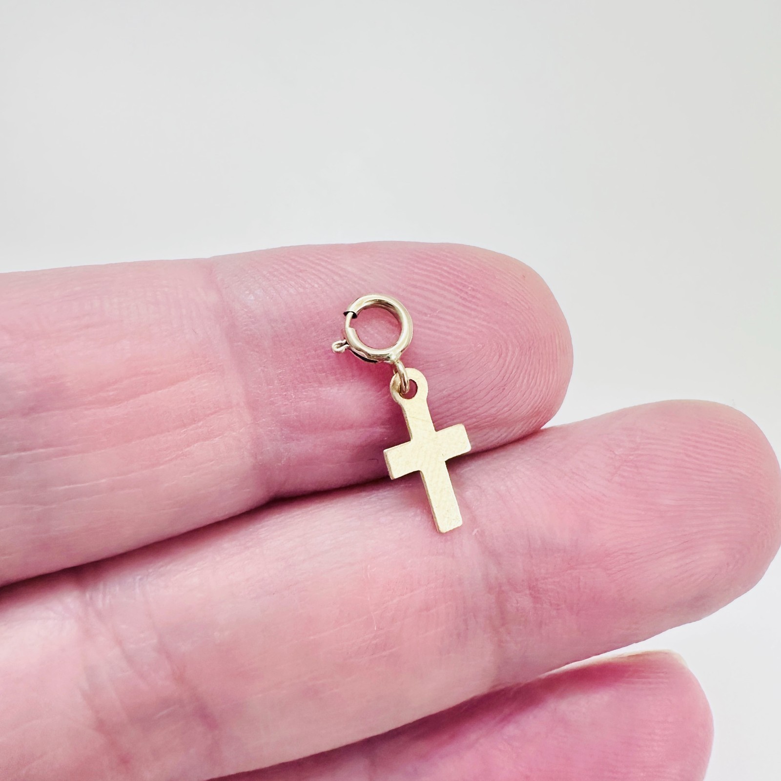 14K Solid Yellow Gold 10mm Mini Petite Cross Charm Pendant w/Spring Clasp