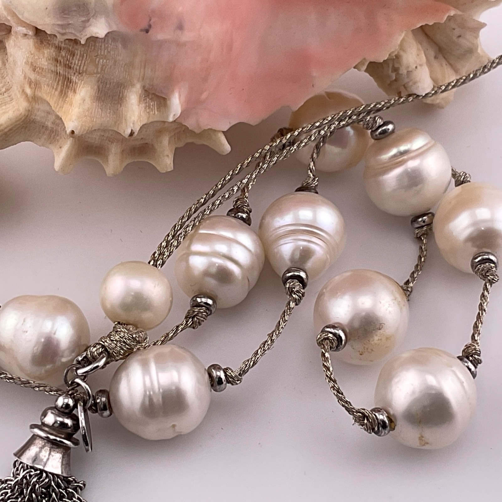 LUC Lucas Lameth Genuine Baroque Pearl Lariat Necklace Sterling Silver Tassel