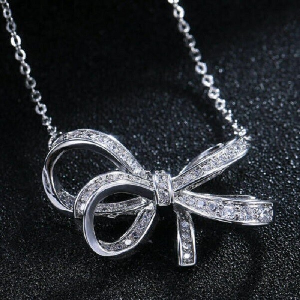 1.00Ct Round Cut Diamond Bow Knot Pendant 14K White Gold Finish 18″ Free Chain