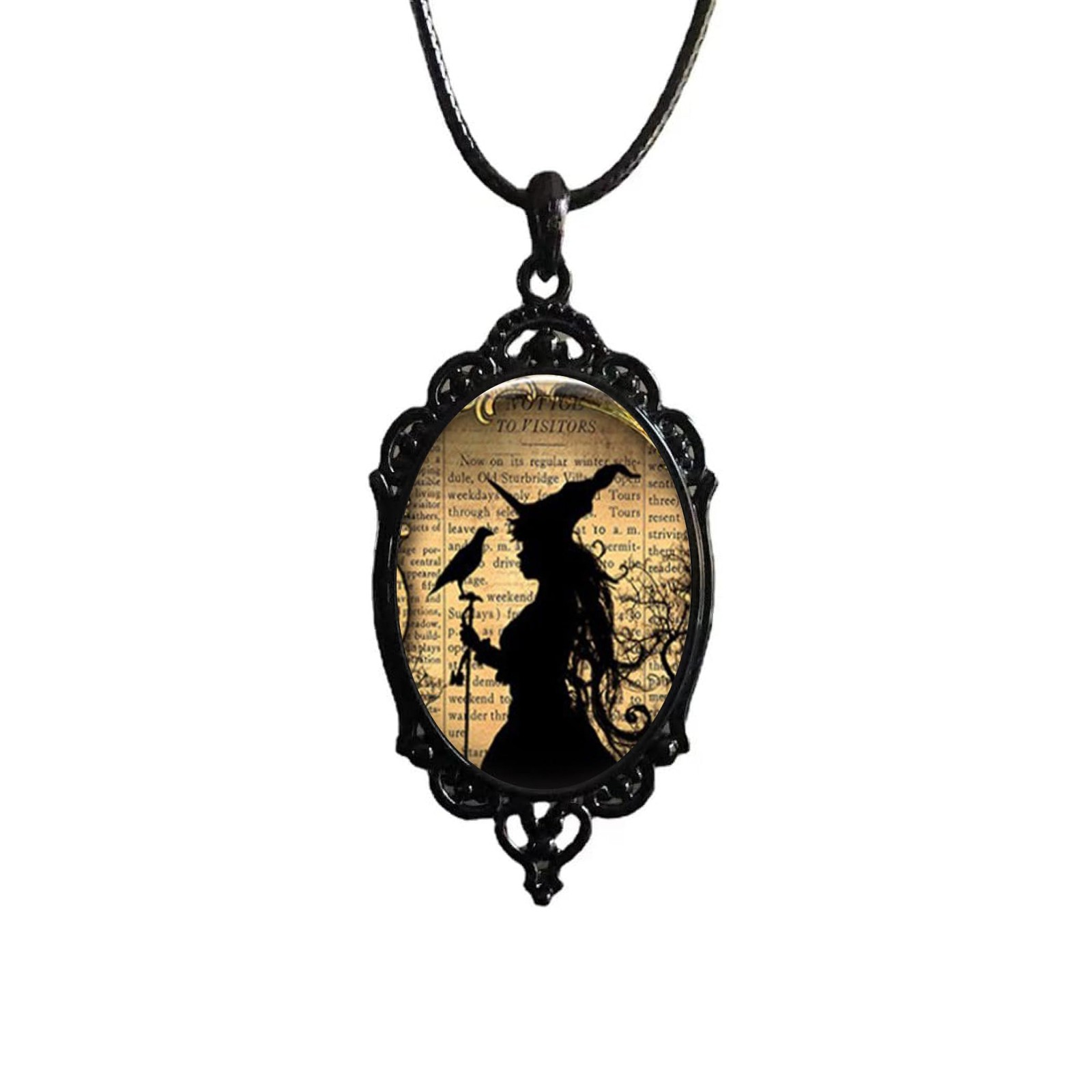 Witch and Raven Cameo Necklace – Vintage Gothic Crow Glass Pendent Choker – Myst