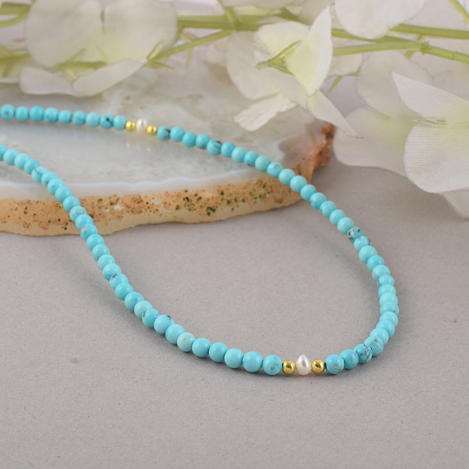 Natural Blue Turquoise 3mm Beaded Necklace 925 Sterling Silver 18″ Handmade Gift