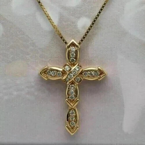 1.00 Ct Round Cut Real Moissanite Cross Women’s Pendant 14K Yellow Gold Plated