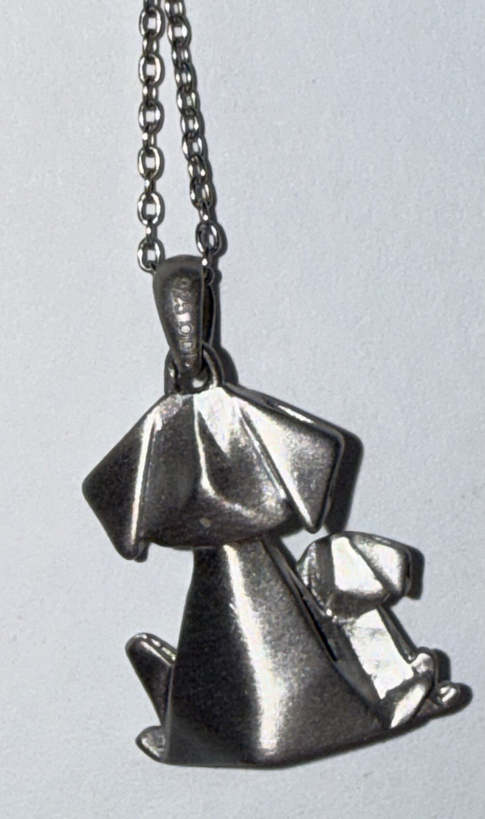 Sterling Silver 925 Origami Dog and Puppy Pendant Necklace .01ctw Black Diamonds