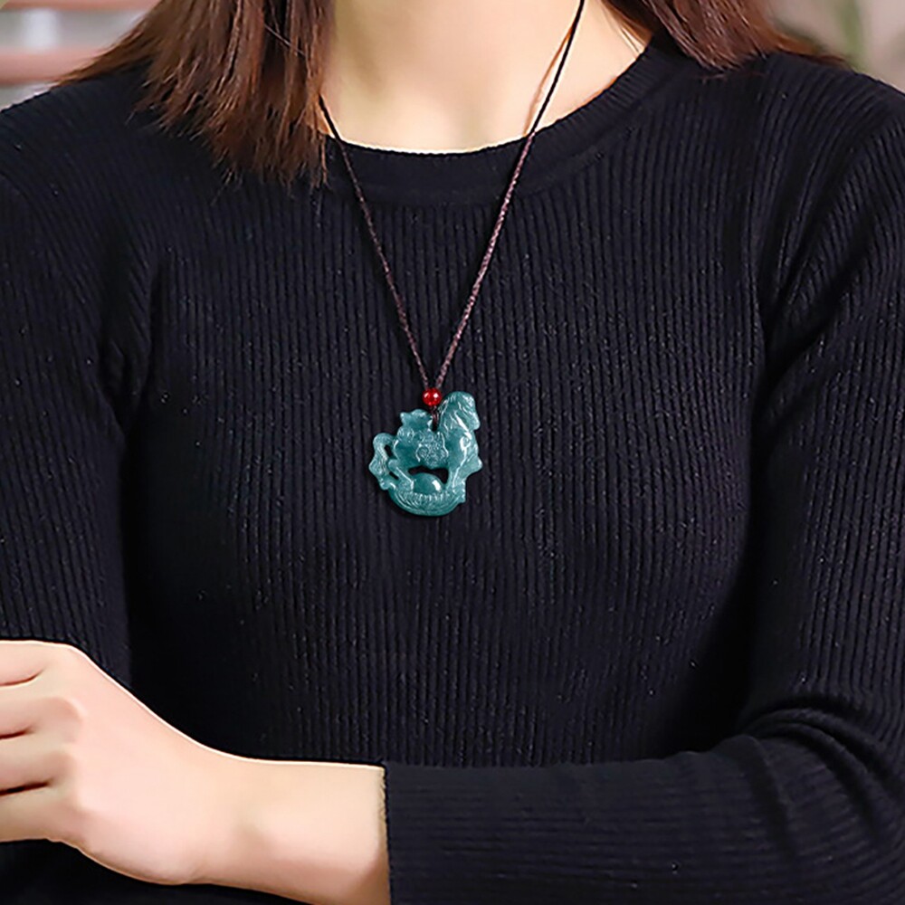 Certified Grade A Natural Green Jade jadeite Zodiac Horse Lucky Pendant Necklace