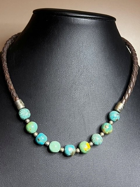 B5930 VTG Braided Leather Sterling Silver Natural Turquoise Beaded Necklace 18″
