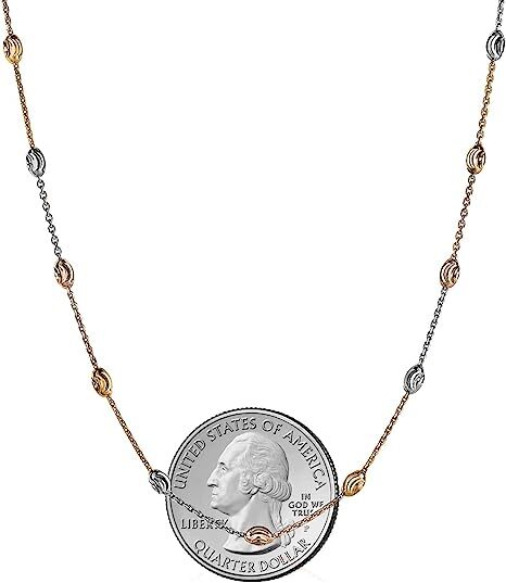 925 Sterling Silver Tri Color 3MM Diamond Cut Station Oval Moon Bead Necklace