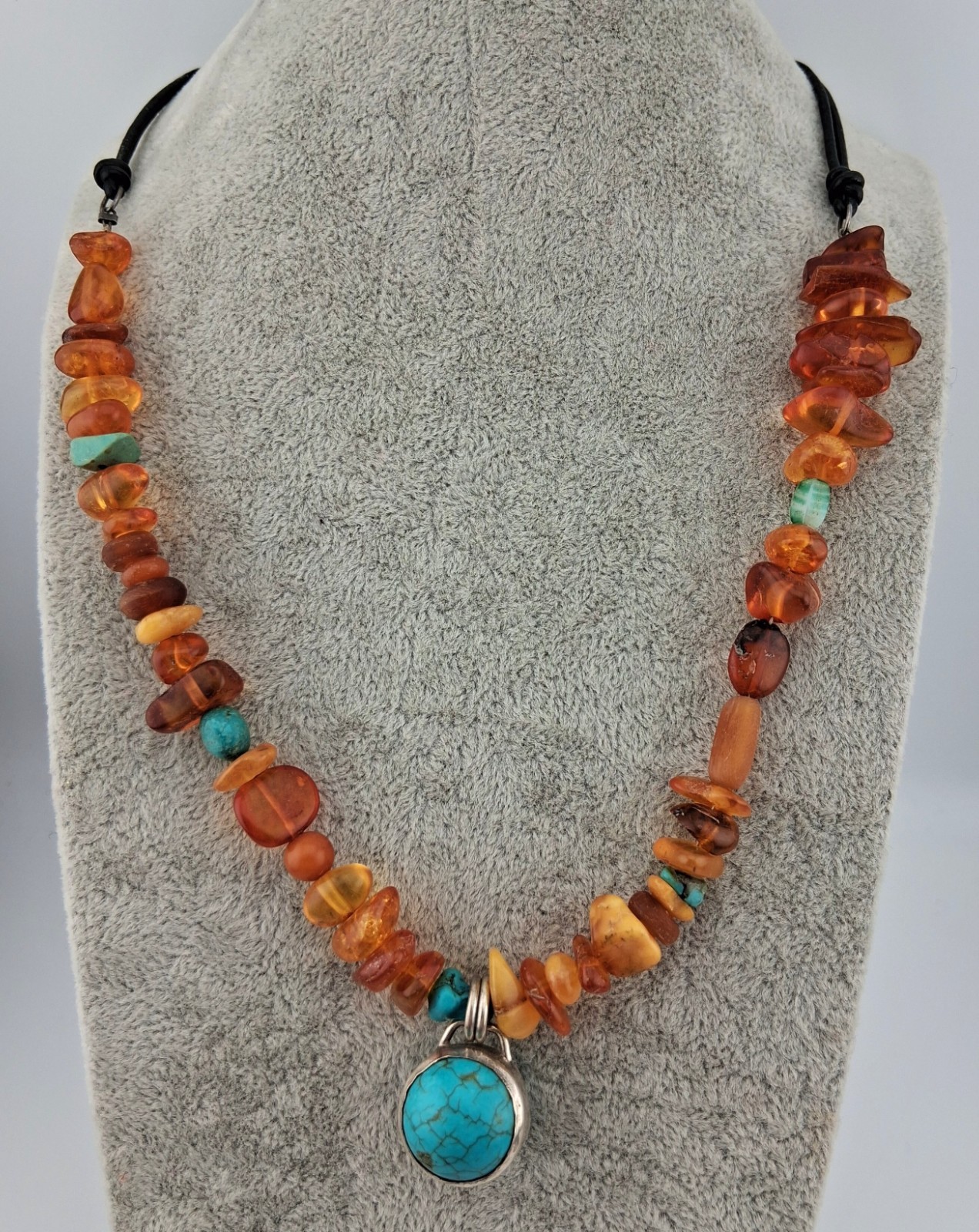 Signed Peyote Bird Sterling Silver Amber Turquoise Bead Necklace 17.5″-19″