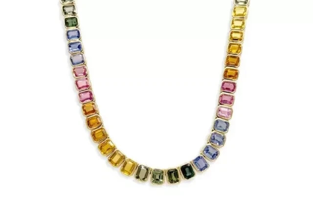 22Ct Emerald Rainbow Sapphire Bezel Set Tennis Necklace 14K Yellow Gold Plated