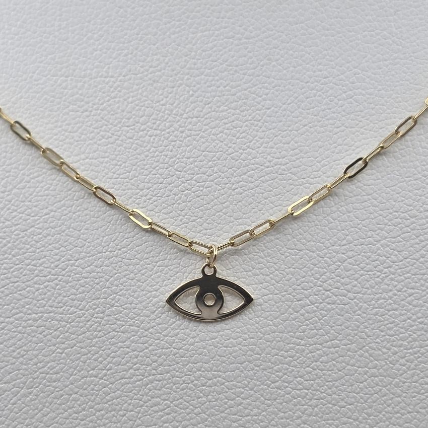 Golden Clef 14K Yellow Gold Evil Eye Paperclip Chain Protection Necklace ITALY