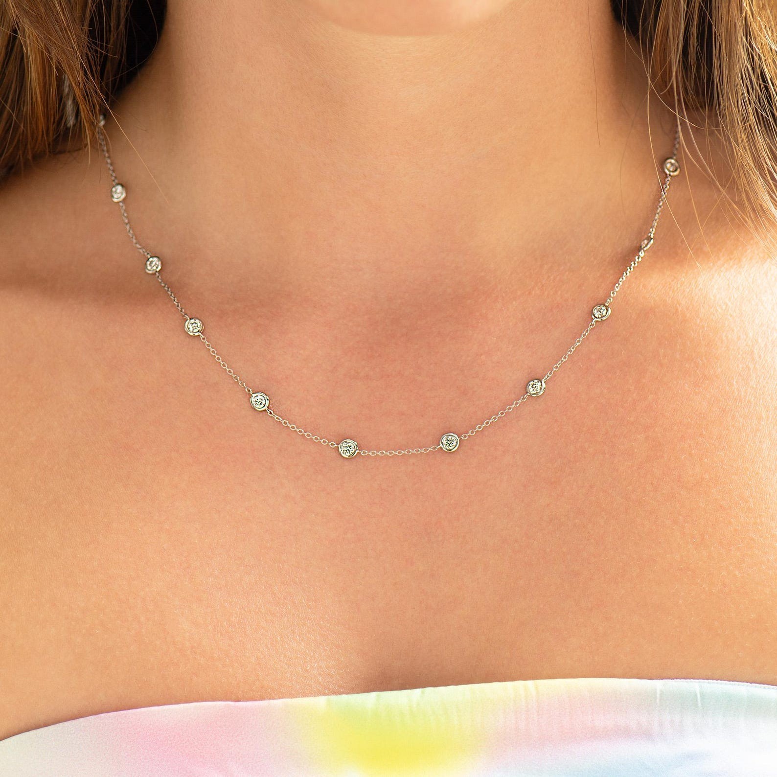 Station 18″ Necklace Station Round Cut Natural Diamond GH-SI 14k White Gold