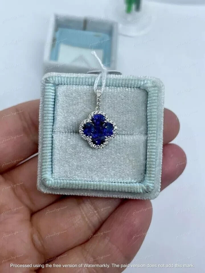 2Ct Oval Cut Lab-Created Blue Sapphire Clover Shape Pendant 14k White Gold Over
