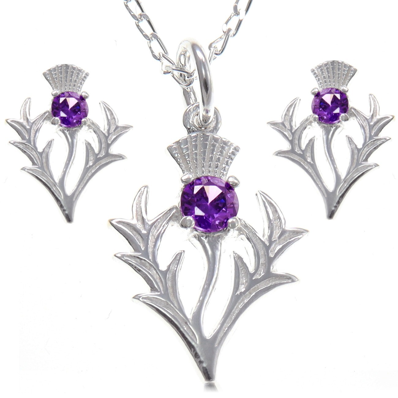 Sterling silver Scottish thistle purple amethyst stone jewellery set in gift box